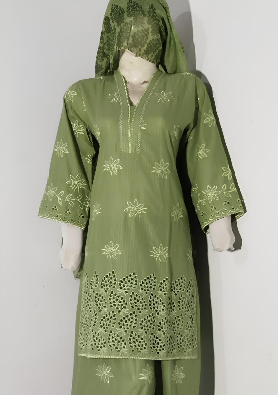 Embroidered Cotton Garara Suit – Minar Dupatta (3PC)