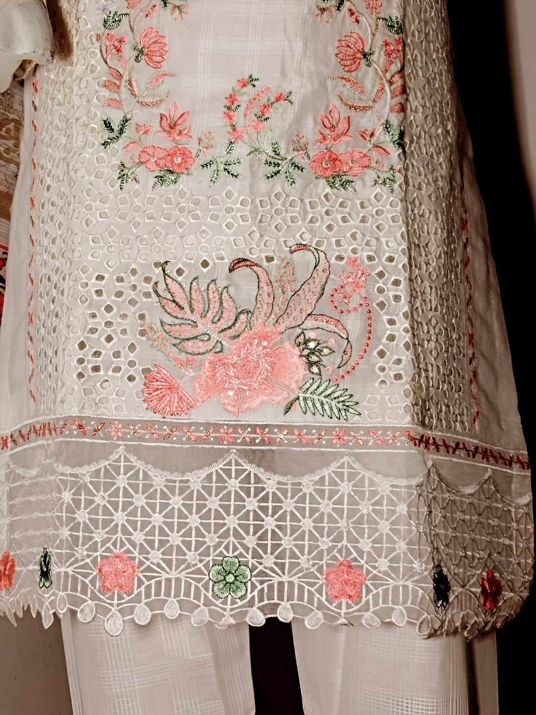 Elegant Bay Neck Cotton 3PC – White with Floral Embroidery
