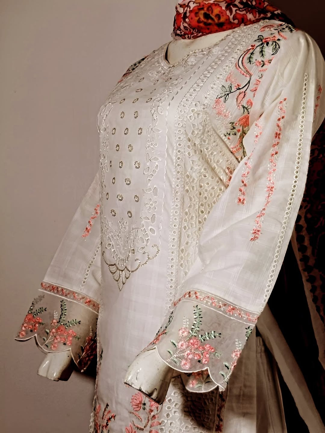 Elegant Bay Neck Cotton 3PC – White with Floral Embroidery