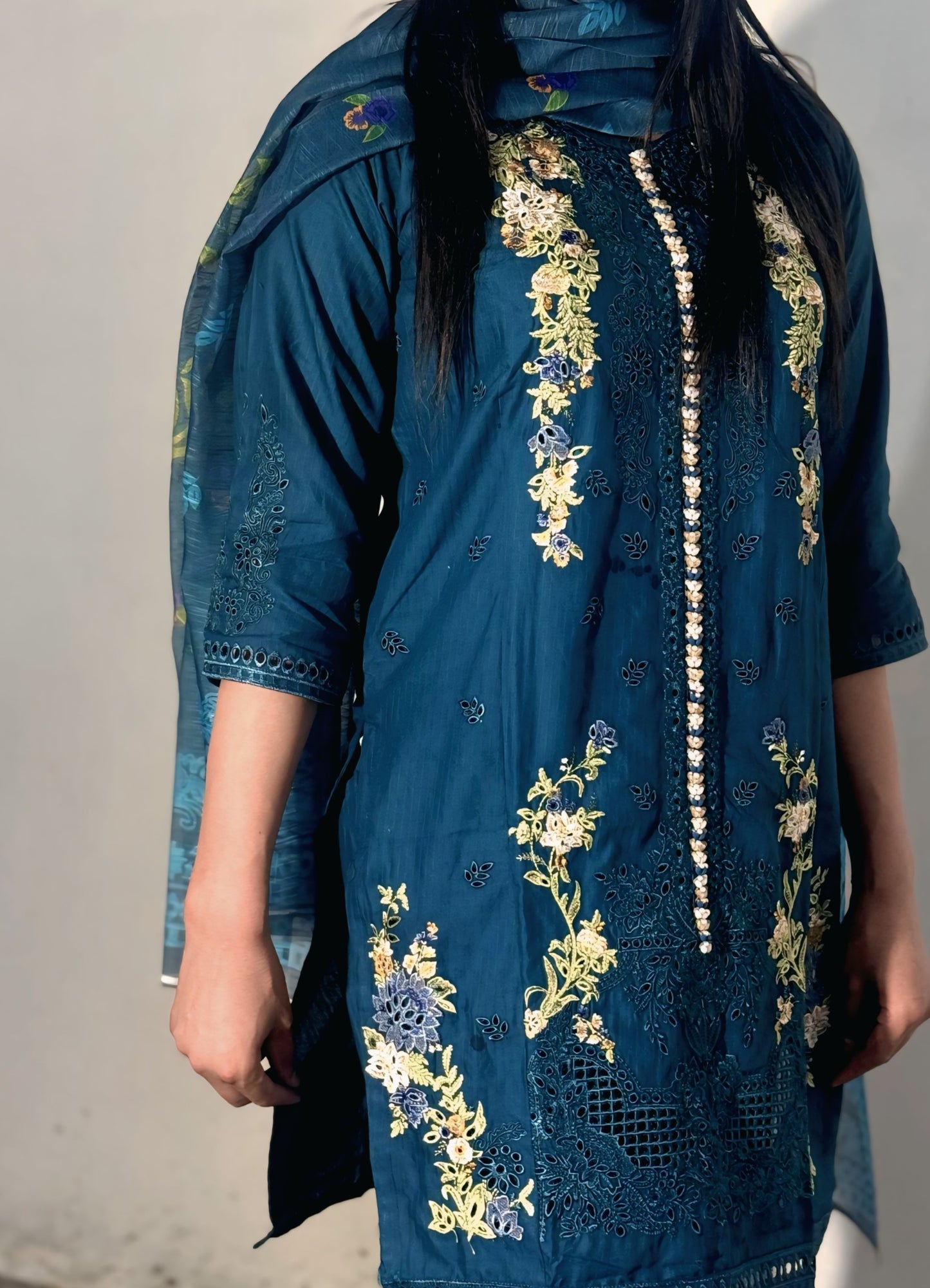 3PC Cotton Kurti Set – Handmade Slit Shirt & Printed Dupatta