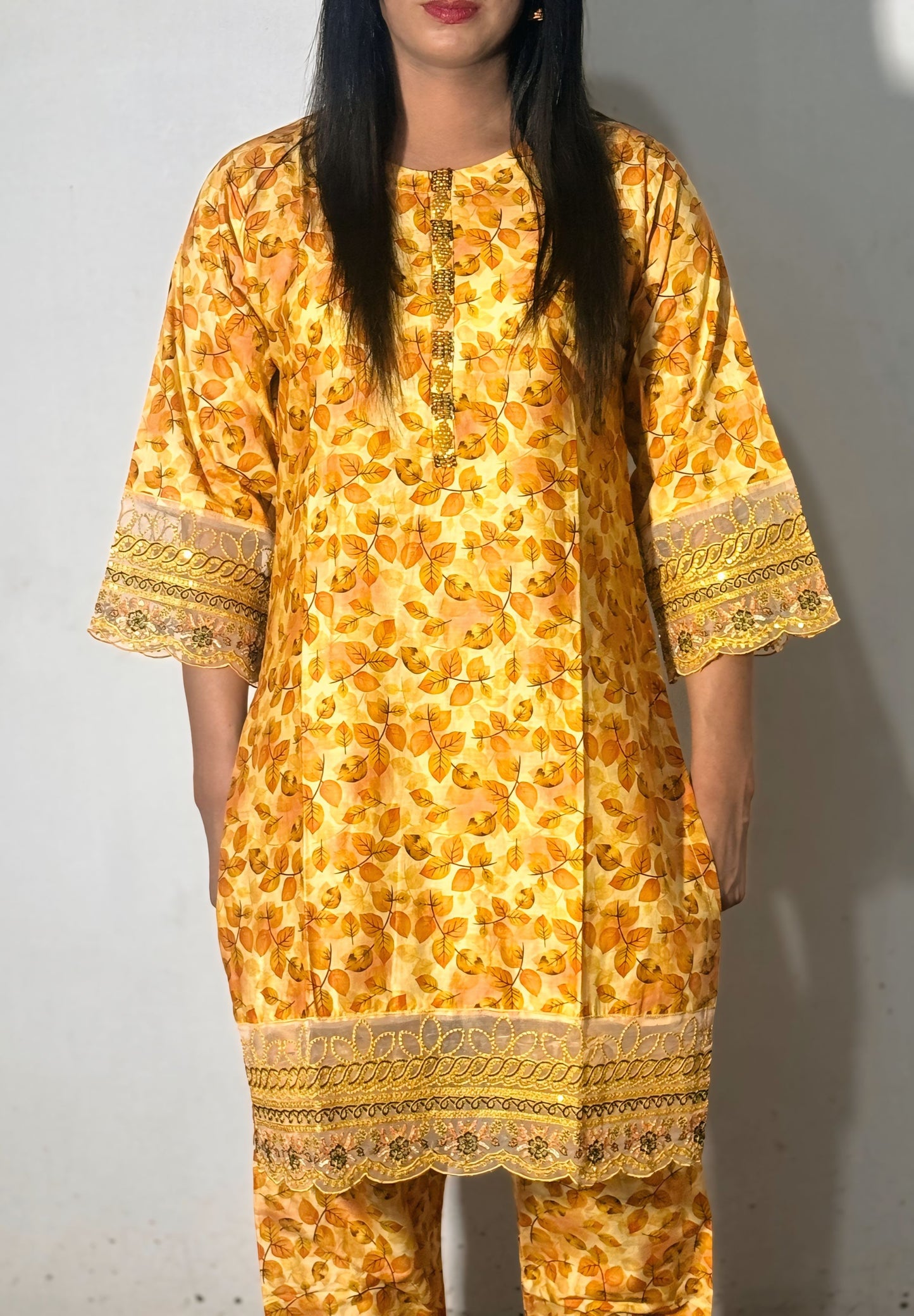 Leaf Print Cotton 2PC – Embroidered Damun & Trouser