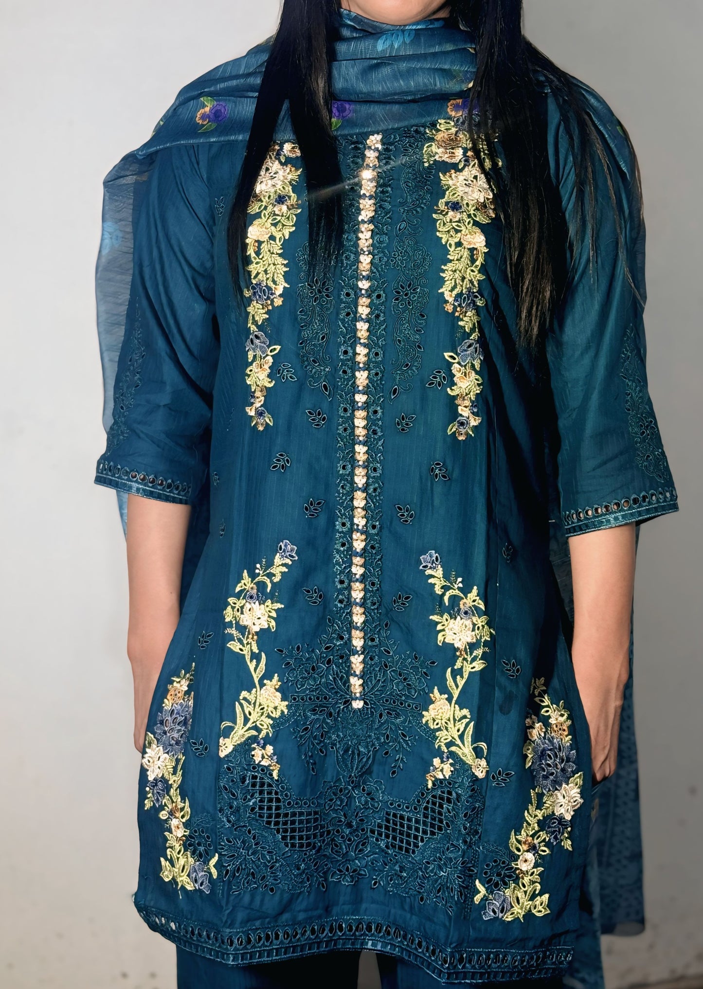 3PC Cotton Kurti Set – Handmade Slit Shirt & Printed Dupatta