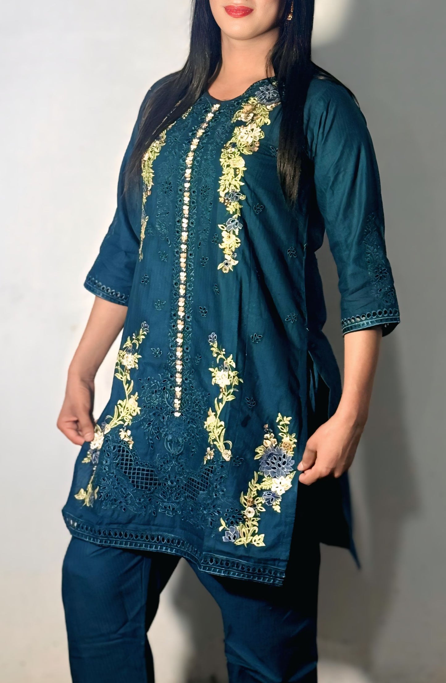 3PC Cotton Kurti Set – Handmade Slit Shirt & Printed Dupatta
