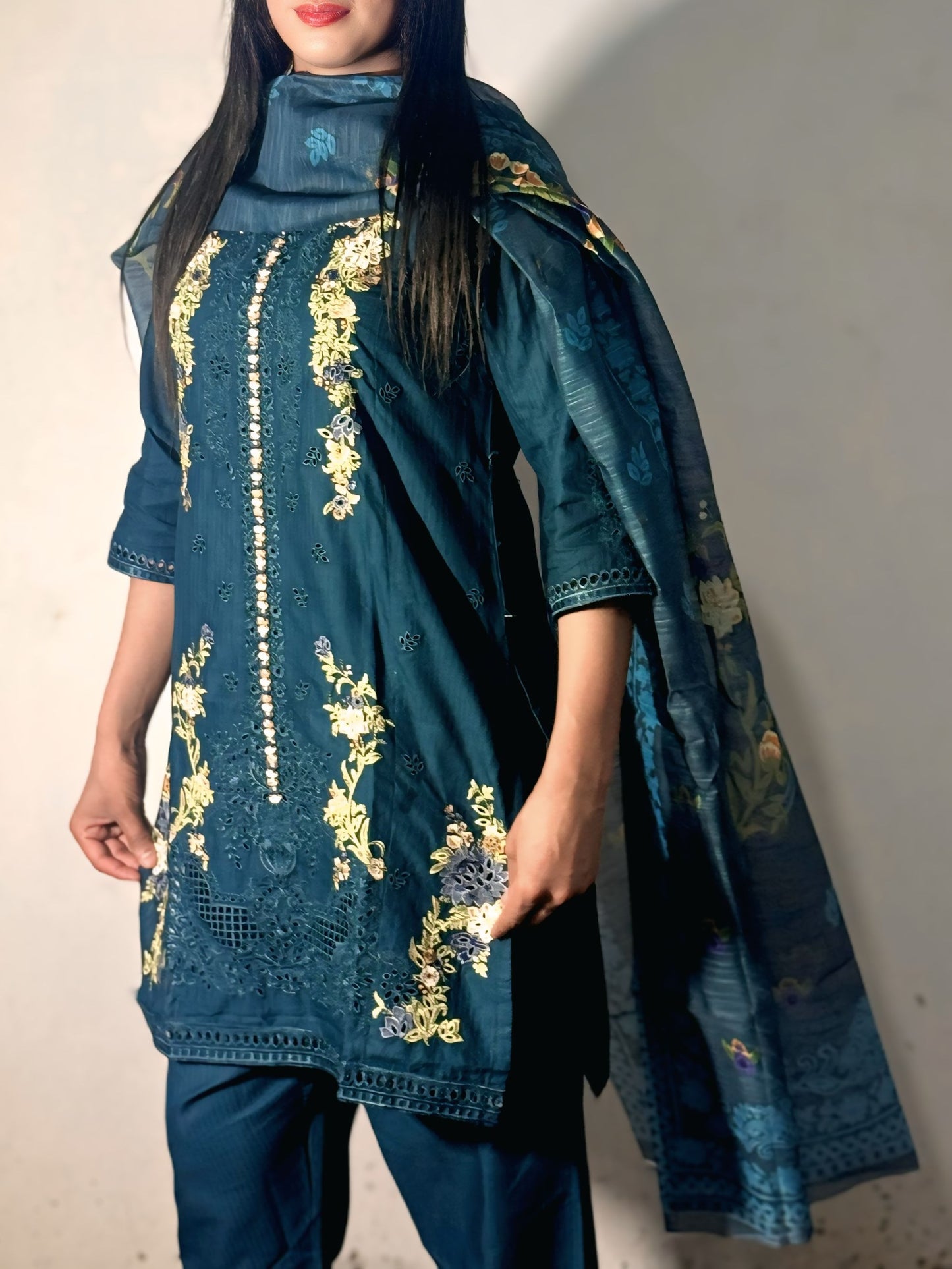 3PC Cotton Kurti Set – Handmade Slit Shirt & Printed Dupatta