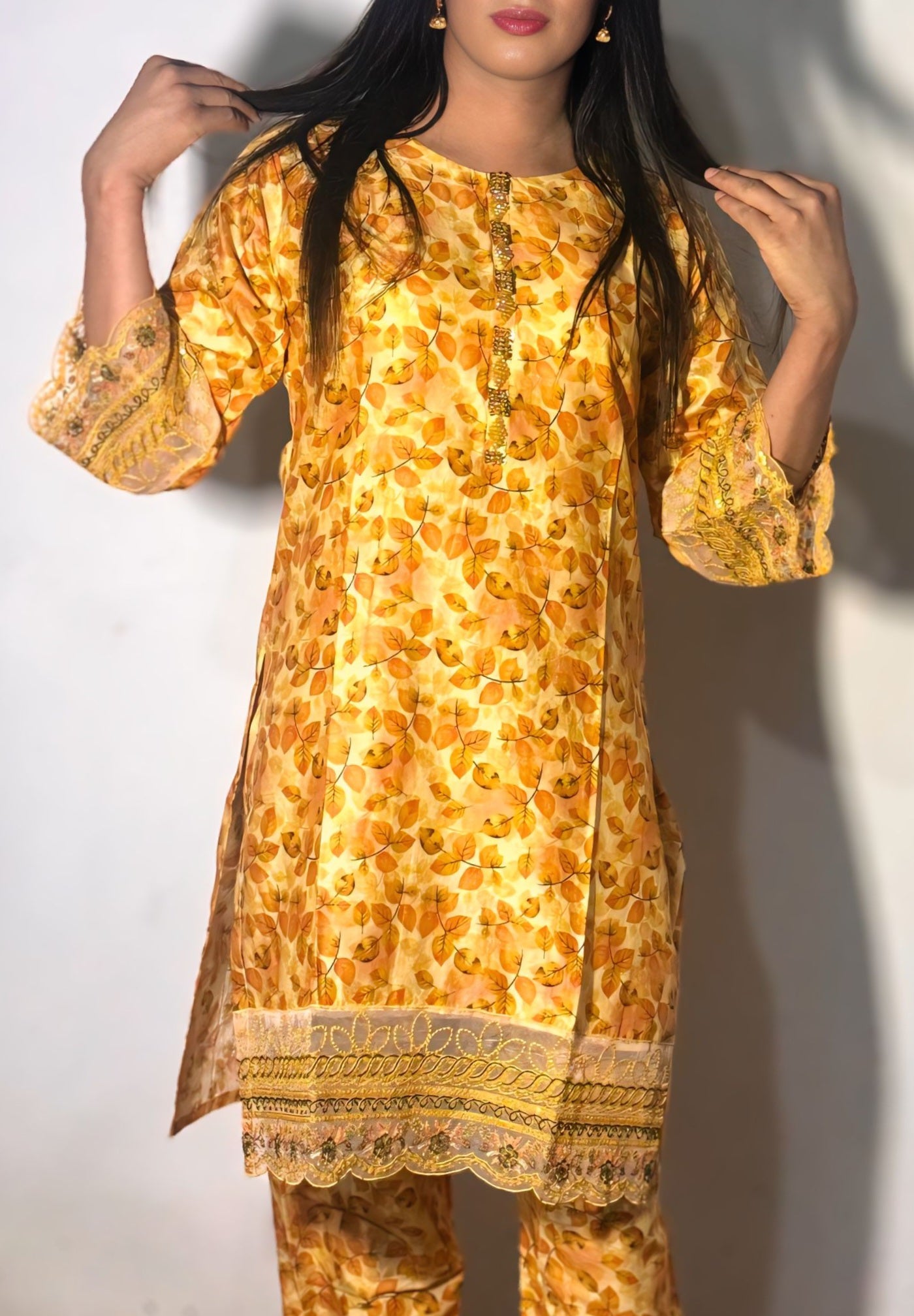 Leaf Print Cotton 2PC – Embroidered Damun & Trouser