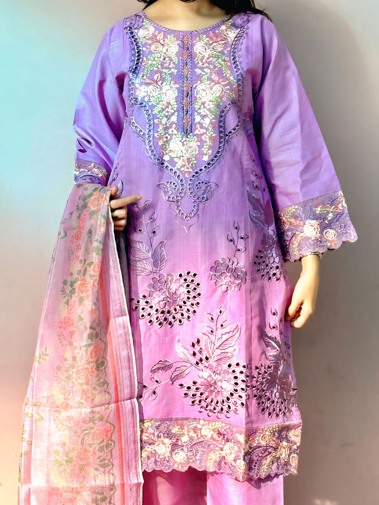 Lavender Mirror Embroidered Cotton Suit – 3PC