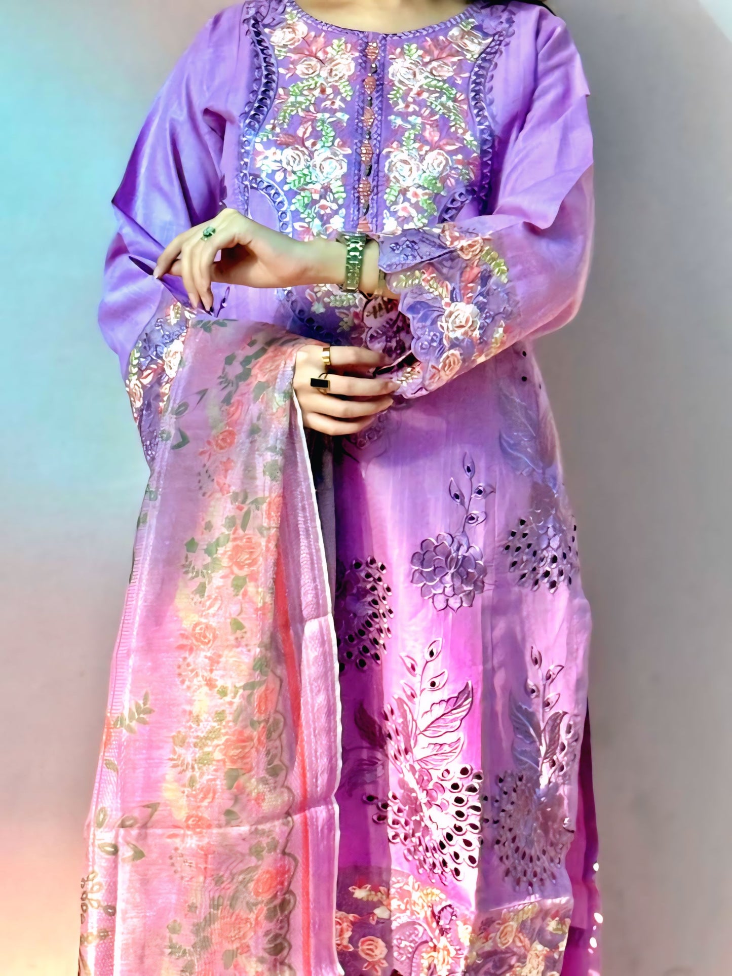 Lavender Mirror Embroidered Cotton Suit – 3PC