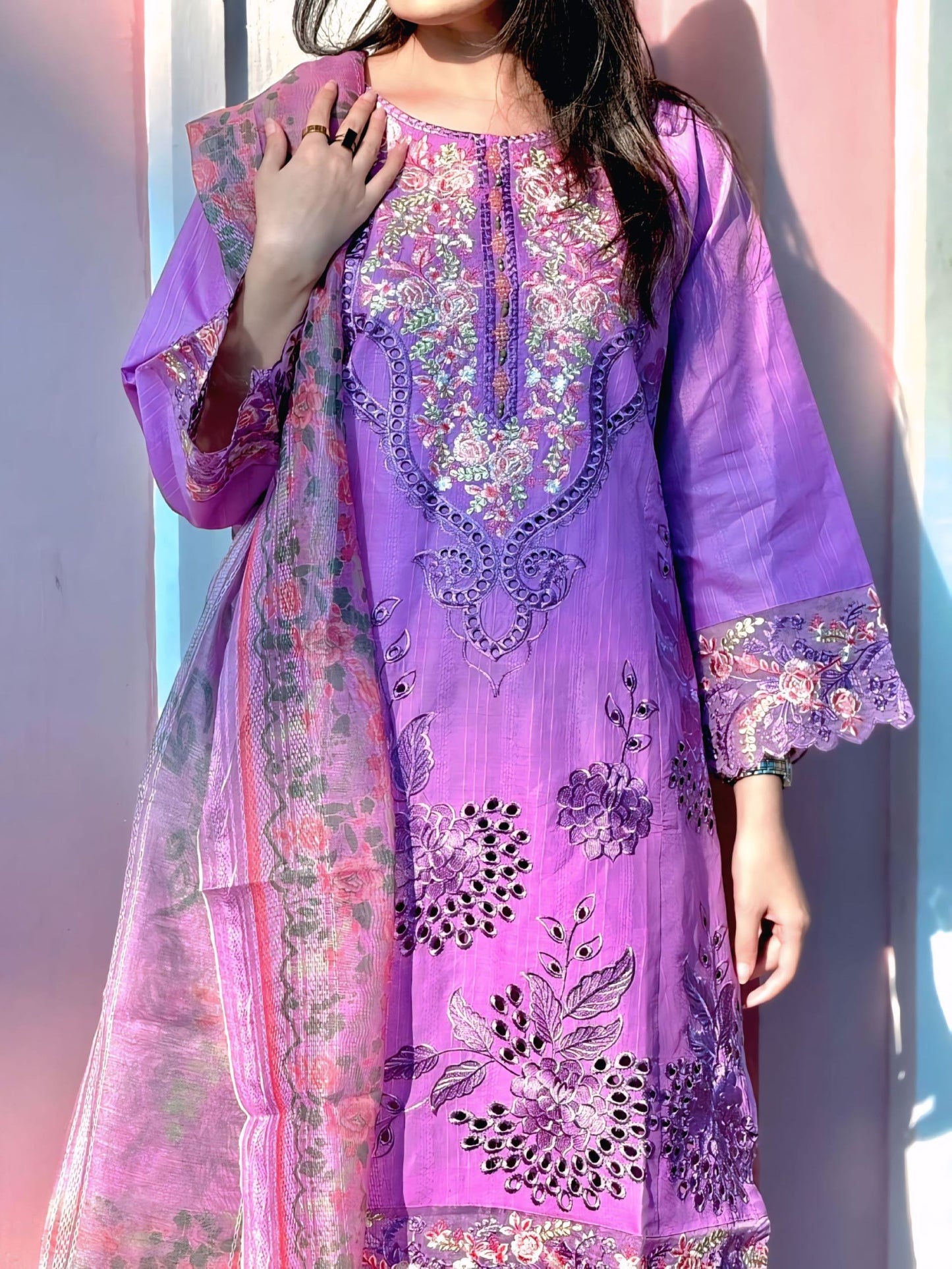 Lavender Mirror Embroidered Cotton Suit – 3PC
