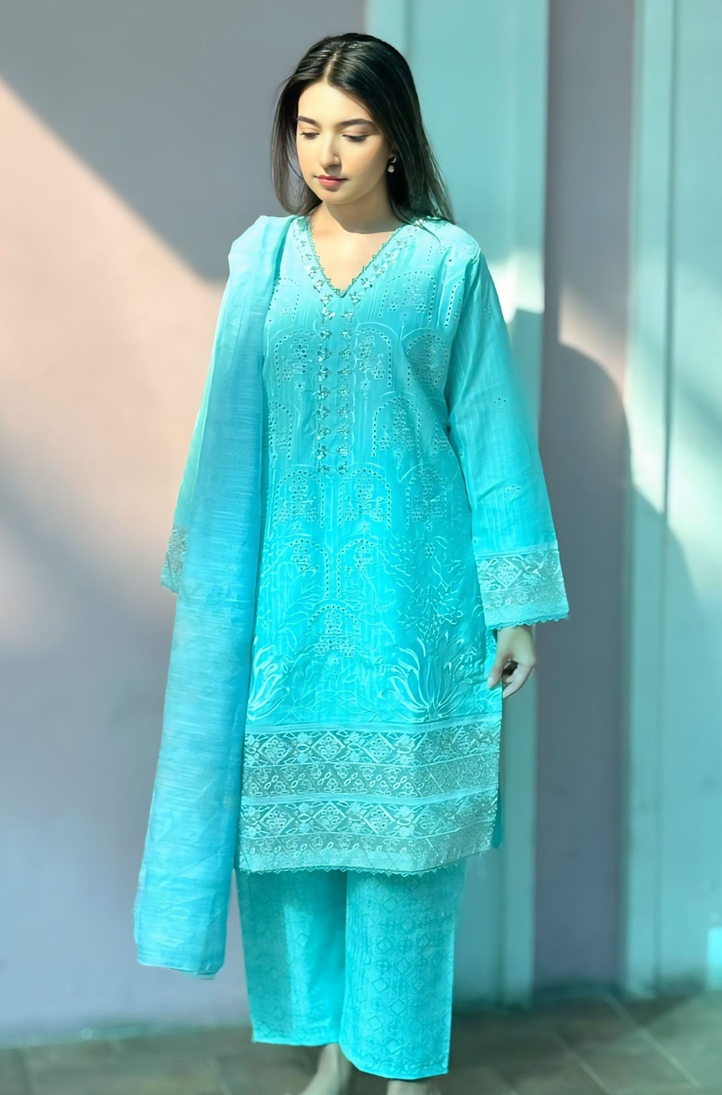 Summer Luxury 3PC – Hand-Embellished Cotton with Pearl Detail