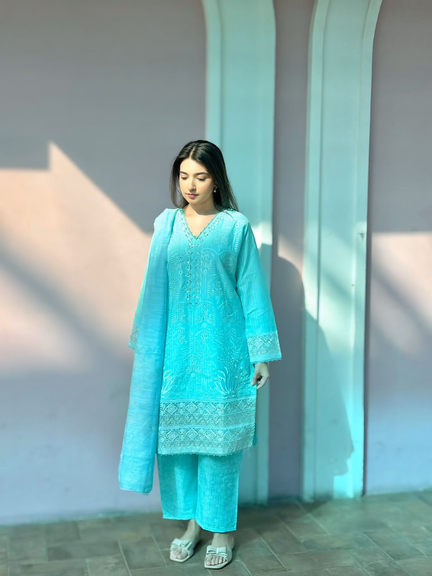 Summer Luxury 3PC – Hand-Embellished Cotton with Pearl Detail