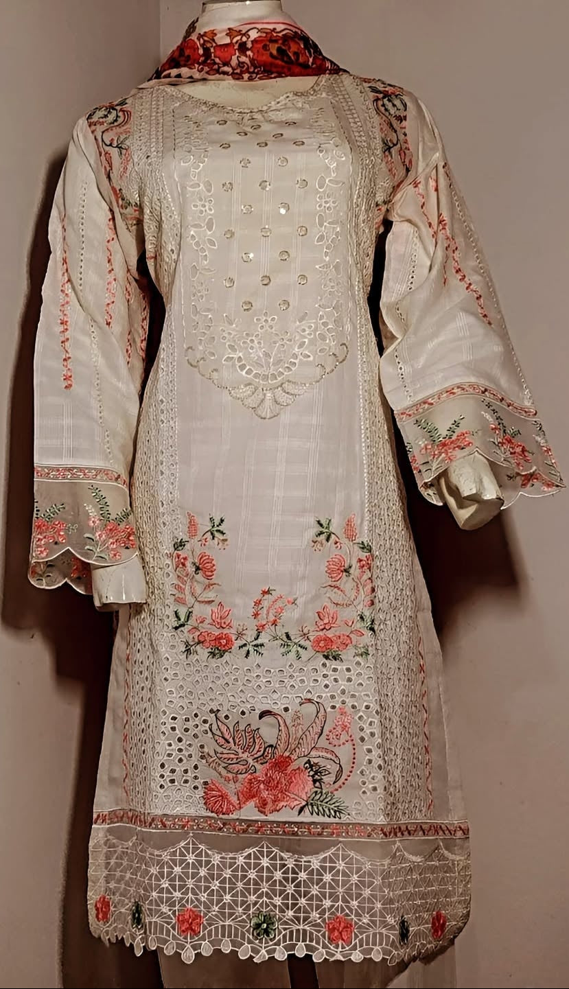 "Elegant white 3-piece cotton suit with bay neck embroidery, floral printed dupatta, and cotton trouser – perfect for casual and semi-formal wear"