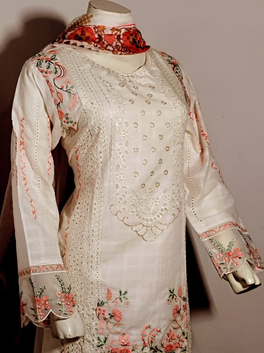Elegant Bay Neck Cotton 3PC – White with Floral Embroidery